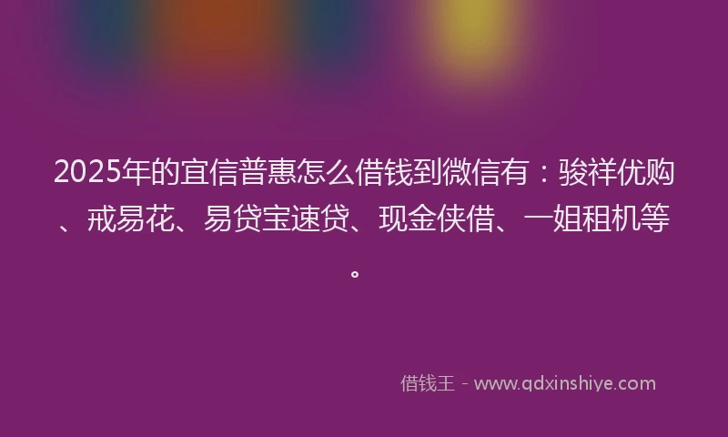 2025年的宜信普惠怎么借钱到微信有：骏祥优购、戒易花、易贷宝速贷、现金侠借、一姐租机等。