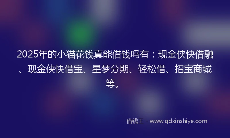 2025年的小猫花钱真能借钱吗有：现金侠快借融、现金侠快借宝、星梦分期、轻松借、招宝商城等。