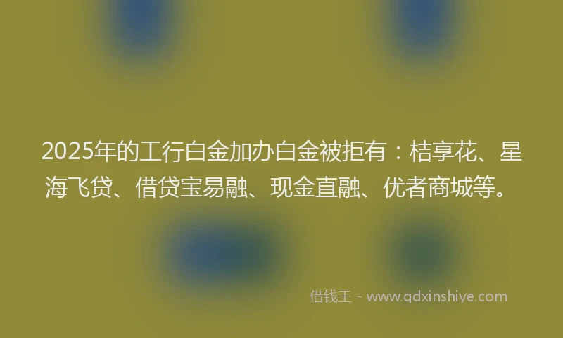 2025年的工行白金加办白金被拒有：桔享花、星海飞贷、借贷宝易融、现金直融、优者商城等。