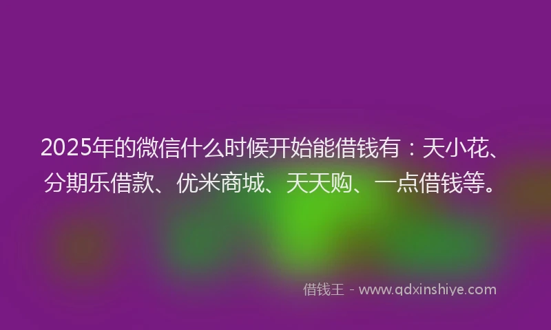 2025年的微信什么时候开始能借钱有：天小花、分期乐借款、优米商城、天天购、一点借钱等。