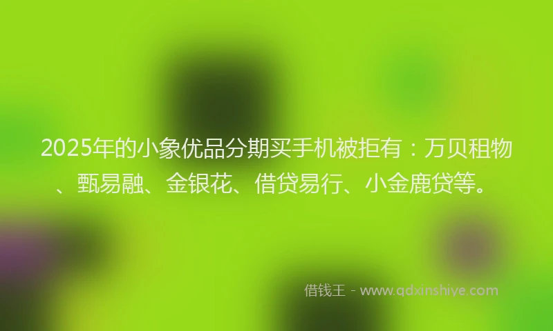 2025年的小象优品分期买手机被拒有：万贝租物、甄易融、金银花、借贷易行、小金鹿贷等。