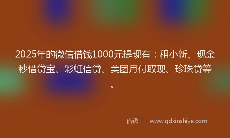 2025年的微信借钱1000元提现有：租小新、现金秒借贷宝、彩虹信贷、美团月付取现、珍珠贷等。