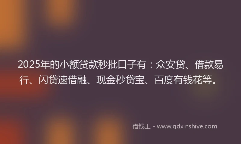 2025年的小额贷款秒批口子有：众安贷、借款易行、闪贷速借融、现金秒贷宝、百度有钱花等。