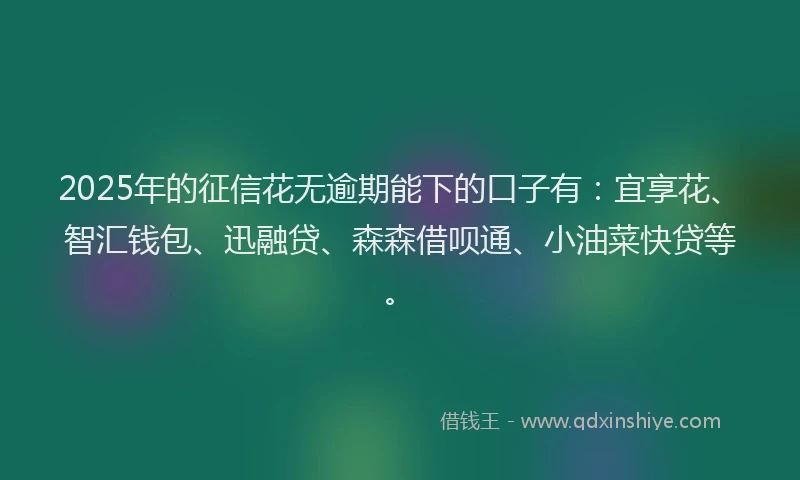 2025年的征信花无逾期能下的口子有：宜享花、智汇钱包、迅融贷、森森借呗通、小油菜快贷等。