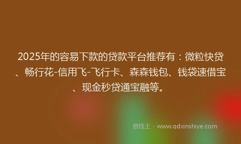 2025年的容易下款的贷款平台推荐有：微粒快贷、畅行花-信用飞-飞行卡、森森钱包、钱袋速借宝、现金秒贷通宝融等。