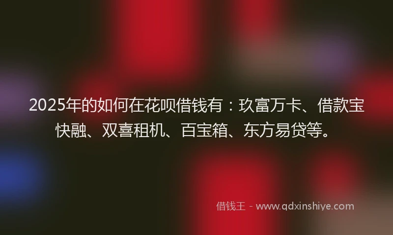 2025年的如何在花呗借钱有：玖富万卡、借款宝快融、双喜租机、百宝箱、东方易贷等。