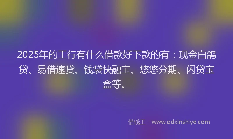 2025年的工行有什么借款好下款的有：现金白鸽贷、易借速贷、钱袋快融宝、悠悠分期、闪贷宝盒等。