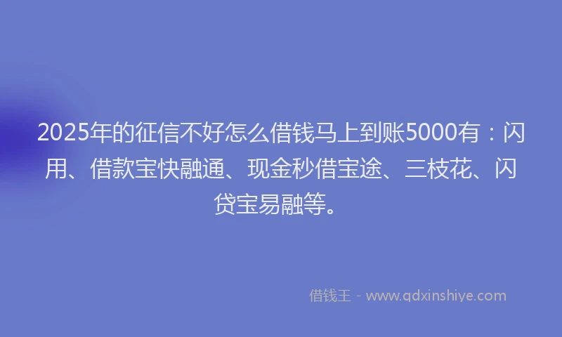 2025年的征信不好怎么借钱马上到账5000有：闪用、借款宝快融通、现金秒借宝途、三枝花、闪贷宝易融等。