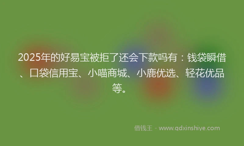 2025年的好易宝被拒了还会下款吗有：钱袋瞬借、口袋信用宝、小喵商城、小鹿优选、轻花优品等。