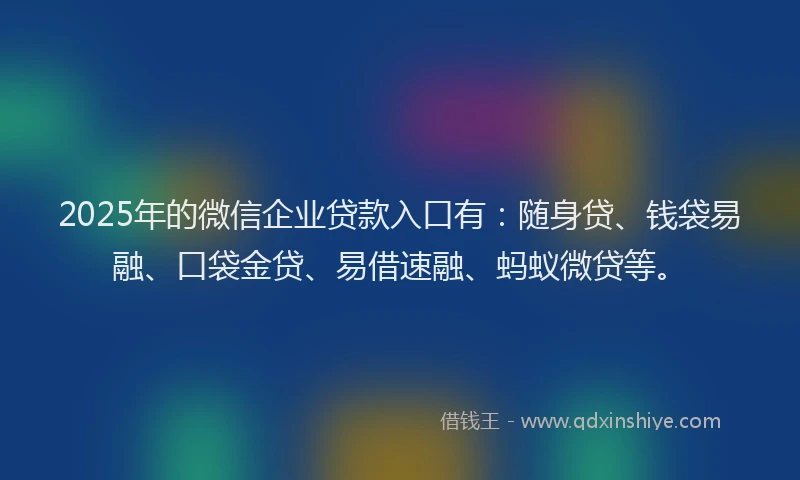 2025年的微信企业贷款入口有：随身贷、钱袋易融、口袋金贷、易借速融、蚂蚁微贷等。