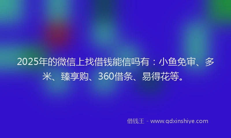 2025年的微信上找借钱能信吗有：小鱼免审、多米、臻享购、360借条、易得花等。