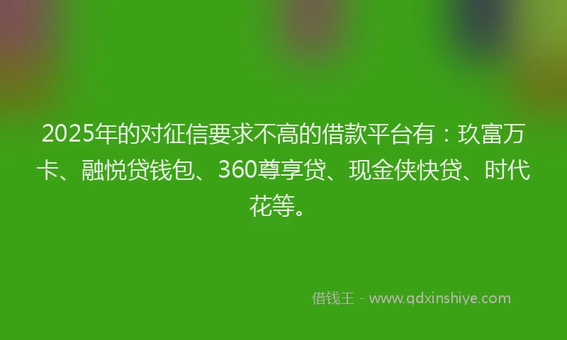 2025年的对征信要求不高的借款平台有：玖富万卡、融悦贷钱包、360尊享贷、现金侠快贷、时代花等。