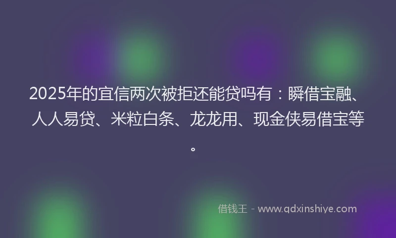 2025年的宜信两次被拒还能贷吗有：瞬借宝融、人人易贷、米粒白条、龙龙用、现金侠易借宝等。