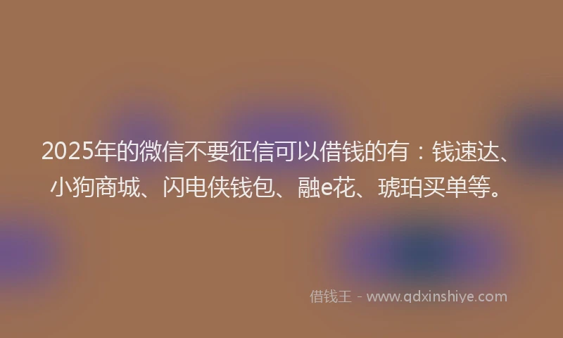 2025年的微信不要征信可以借钱的有：钱速达、小狗商城、闪电侠钱包、融e花、琥珀买单等。