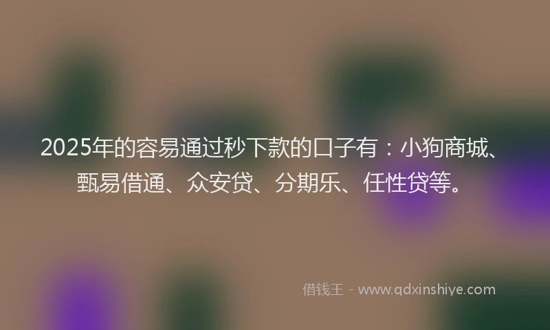 2025年的容易通过秒下款的口子有：小狗商城、甄易借通、众安贷、分期乐、任性贷等。