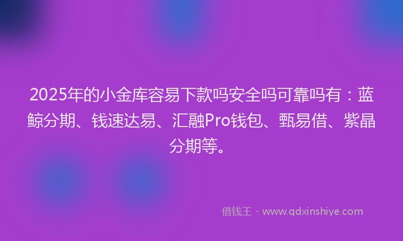 2025年的小金库容易下款吗安全吗可靠吗有：蓝鲸分期、钱速达易、汇融Pro钱包、甄易借、紫晶分期等。