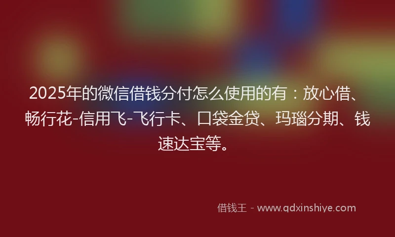 2025年的微信借钱分付怎么使用的有：放心借、畅行花-信用飞-飞行卡、口袋金贷、玛瑙分期、钱速达宝等。
