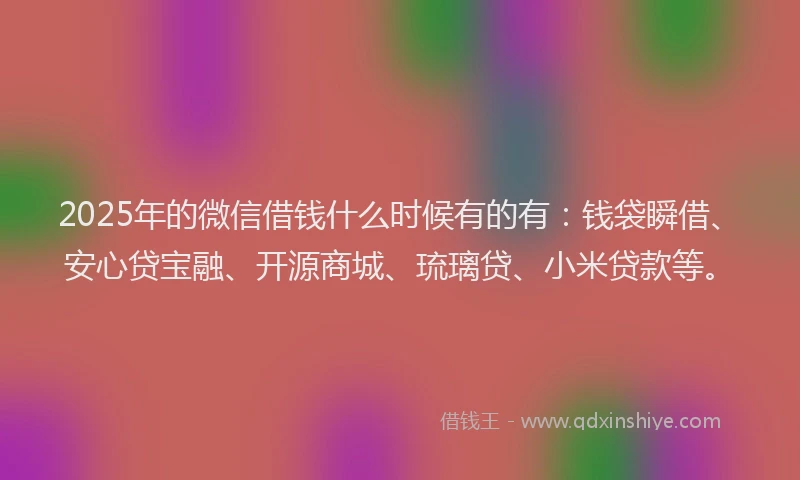 2025年的微信借钱什么时候有的有：钱袋瞬借、安心贷宝融、开源商城、琉璃贷、小米贷款等。