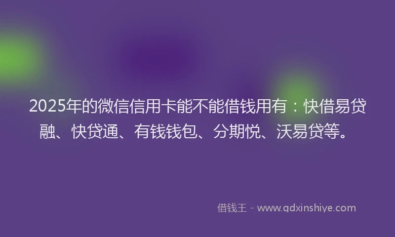 2025年的微信信用卡能不能借钱用有：快借易贷融、快贷通、有钱钱包、分期悦、沃易贷等。