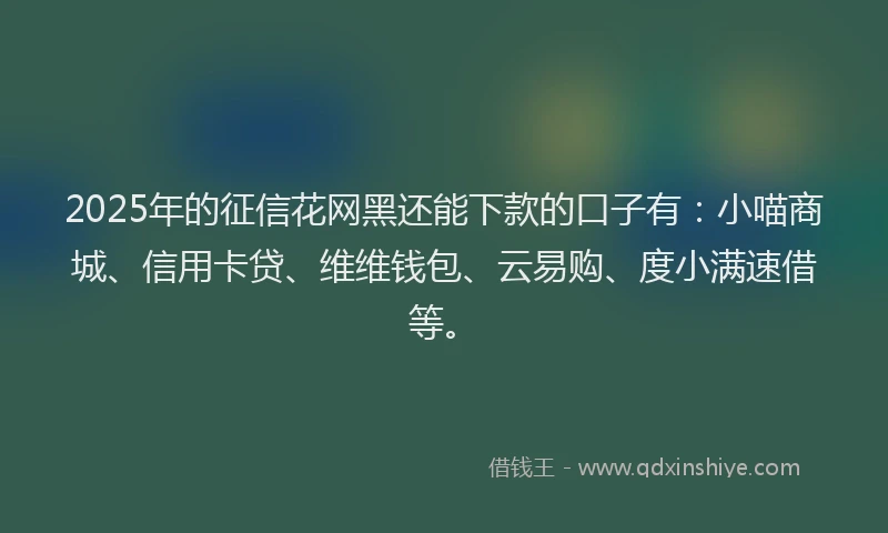 2025年的征信花网黑还能下款的口子有：小喵商城、信用卡贷、维维钱包、云易购、度小满速借等。
