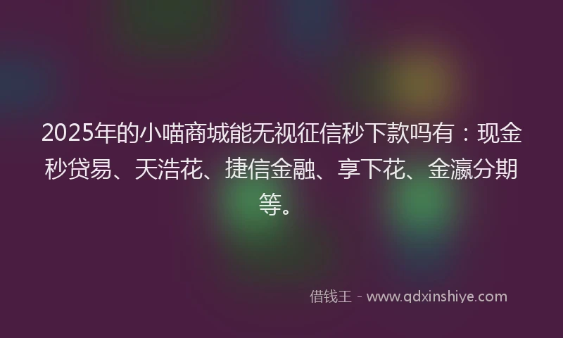 2025年的小喵商城能无视征信秒下款吗有：现金秒贷易、天浩花、捷信金融、享下花、金瀛分期等。