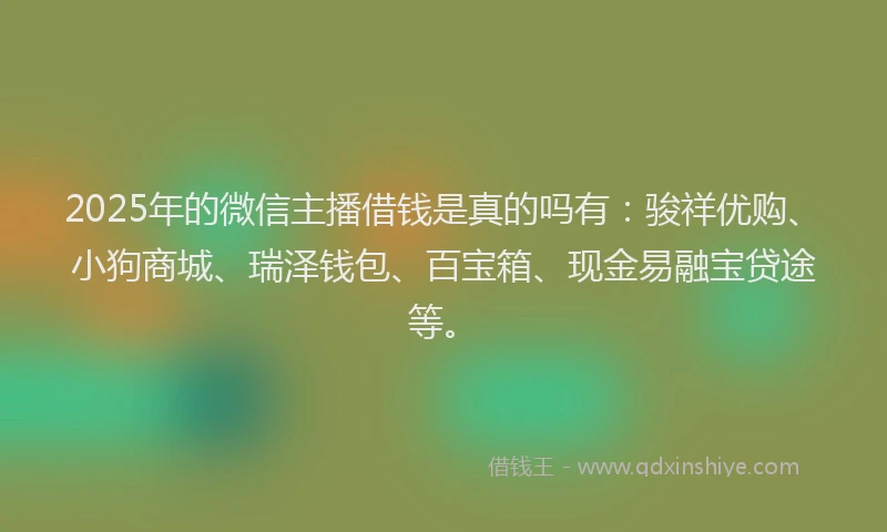 2025年的微信主播借钱是真的吗有：骏祥优购、小狗商城、瑞泽钱包、百宝箱、现金易融宝贷途等。
