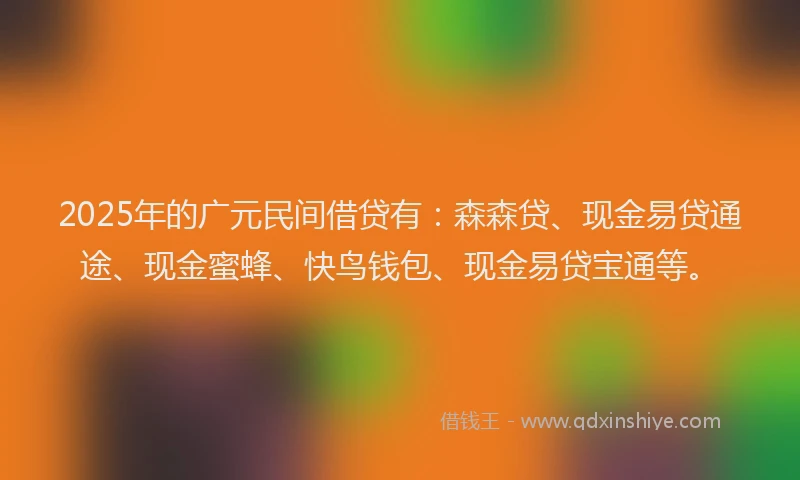 2025年的广元民间借贷有：森森贷、现金易贷通途、现金蜜蜂、快鸟钱包、现金易贷宝通等。