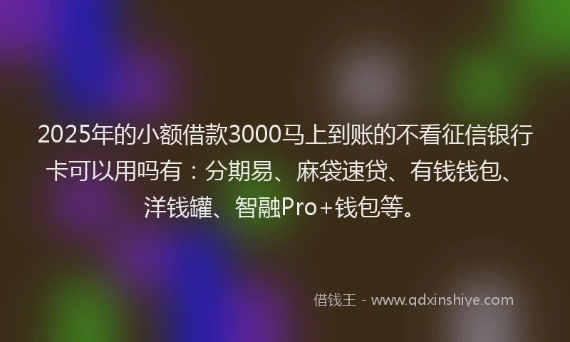 2025年的小额借款3000马上到账的不看征信银行卡可以用吗有：分期易、麻袋速贷、有钱钱包、洋钱罐、智融Pro+钱包等。