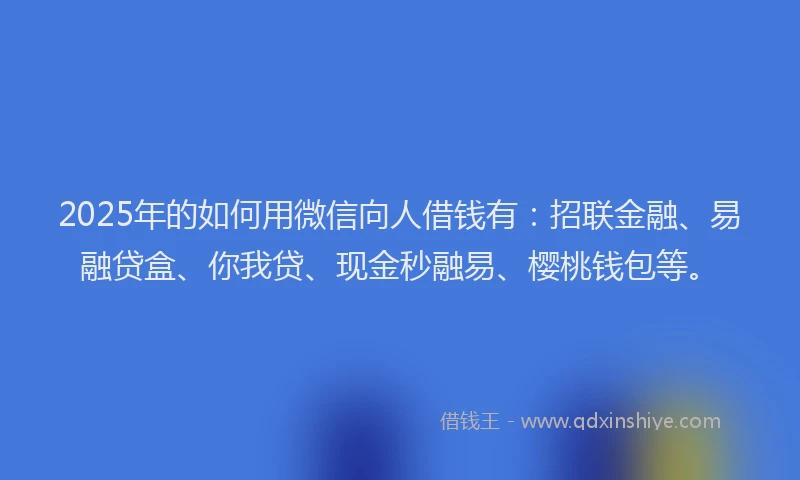 2025年的如何用微信向人借钱有：招联金融、易融贷盒、你我贷、现金秒融易、樱桃钱包等。