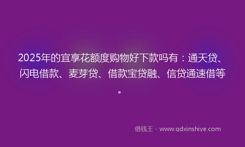 2025年的宜享花额度购物好下款吗有：通天贷、闪电借款、麦芽贷、借款宝贷融、信贷通速借等。