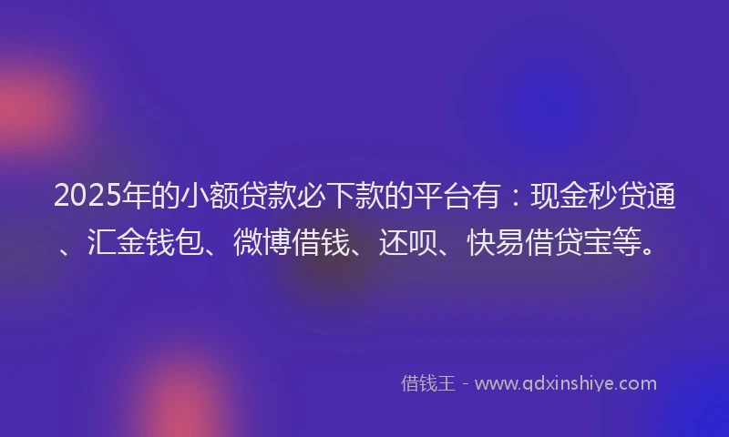 2025年的小额贷款必下款的平台有：现金秒贷通、汇金钱包、微博借钱、还呗、快易借贷宝等。