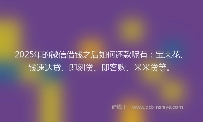 2025年的微信借钱之后如何还款呢有：宝来花、钱速达贷、即刻贷、即客购、米米贷等。