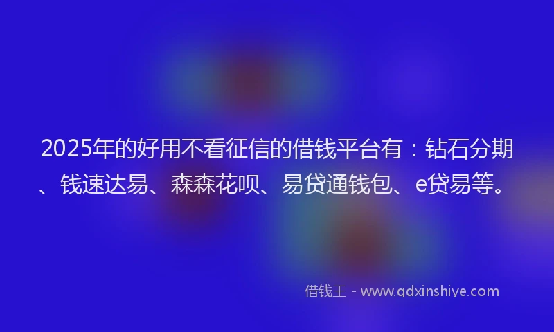 2025年的好用不看征信的借钱平台有：钻石分期、钱速达易、森森花呗、易贷通钱包、e贷易等。