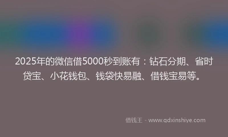 2025年的微信借5000秒到账有：钻石分期、省时贷宝、小花钱包、钱袋快易融、借钱宝易等。