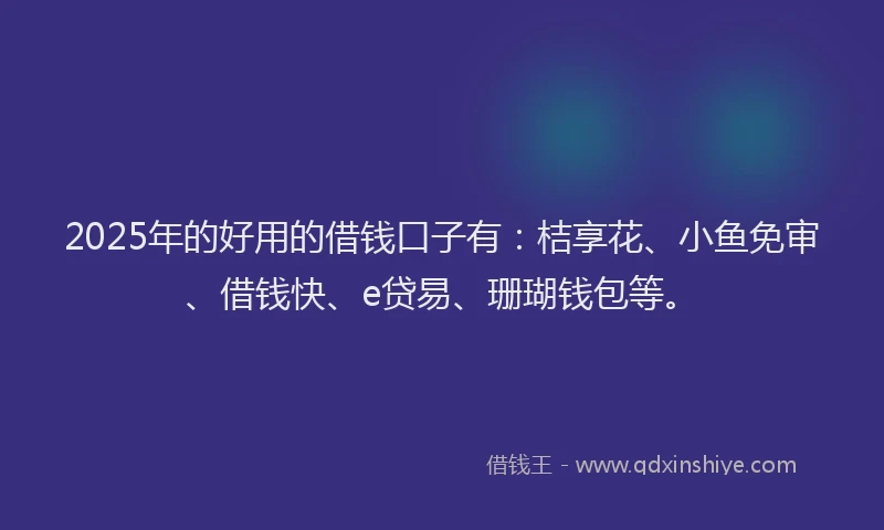2025年的好用的借钱口子有：桔享花、小鱼免审、借钱快、e贷易、珊瑚钱包等。
