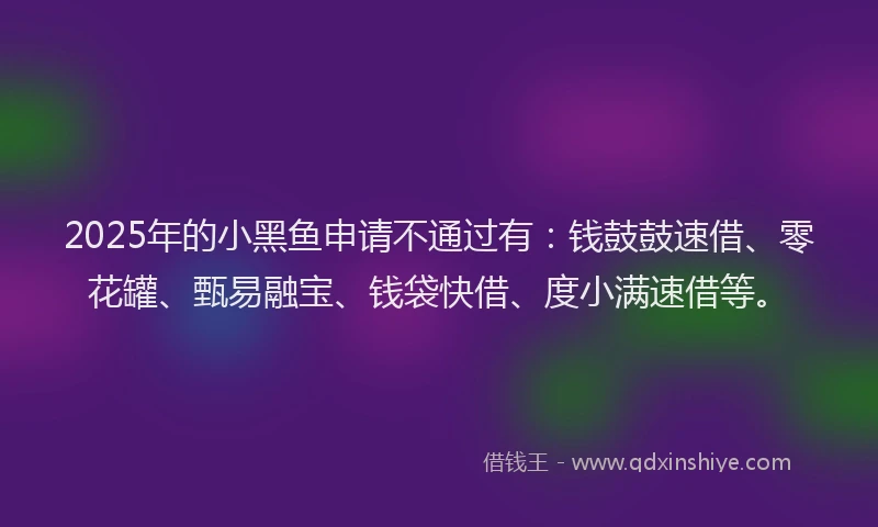 2025年的小黑鱼申请不通过有：钱鼓鼓速借、零花罐、甄易融宝、钱袋快借、度小满速借等。
