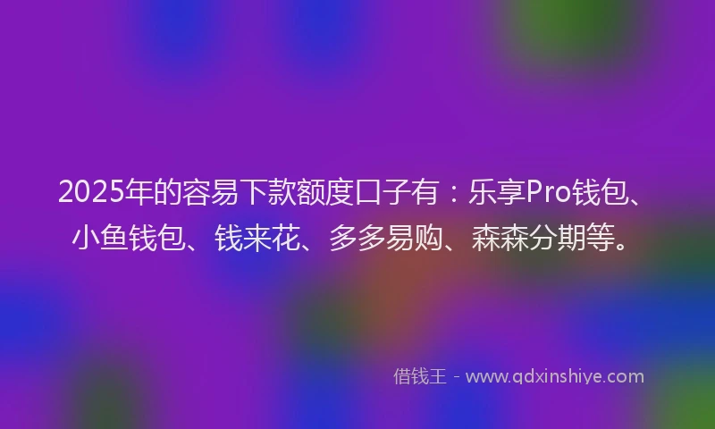 2025年的容易下款额度口子有：乐享Pro钱包、小鱼钱包、钱来花、多多易购、森森分期等。