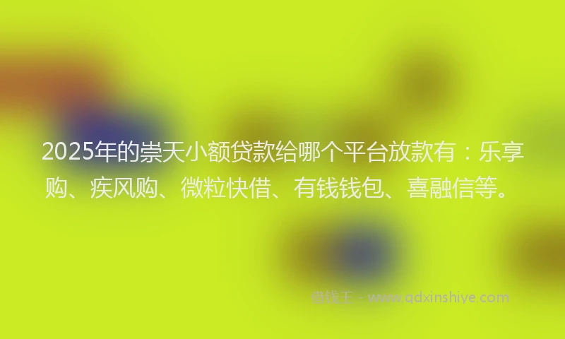 2025年的崇天小额贷款给哪个平台放款有：乐享购、疾风购、微粒快借、有钱钱包、喜融信等。