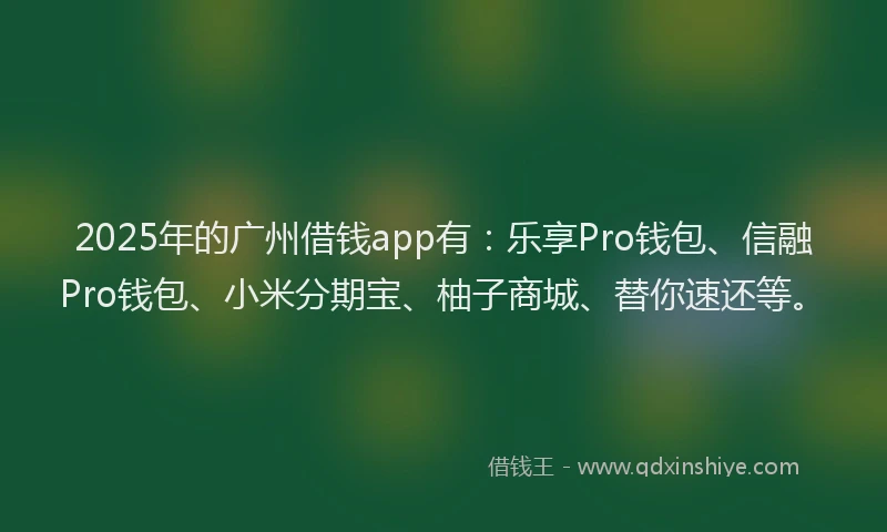 2025年的广州借钱app有：乐享Pro钱包、信融Pro钱包、小米分期宝、柚子商城、替你速还等。