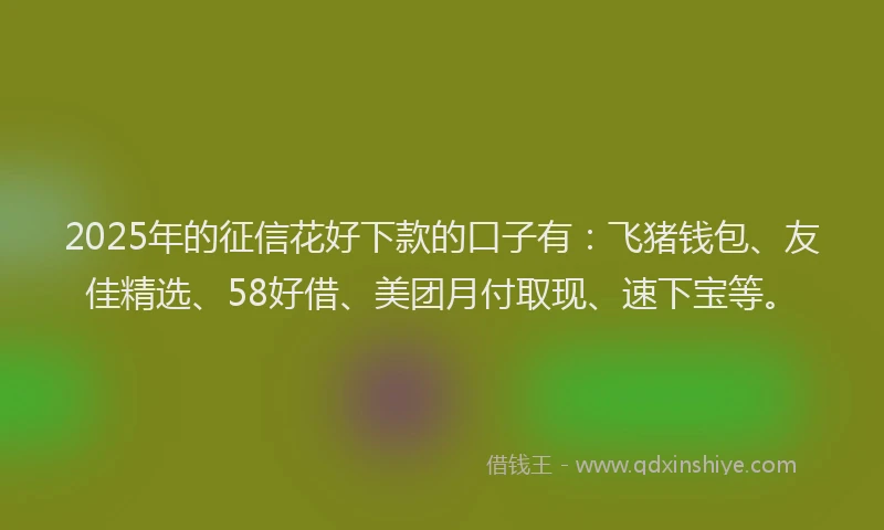 2025年的征信花好下款的口子有：飞猪钱包、友佳精选、58好借、美团月付取现、速下宝等。