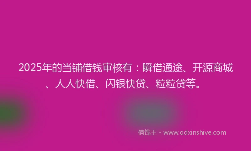 2025年的当铺借钱审核有：瞬借通途、开源商城、人人快借、闪银快贷、粒粒贷等。