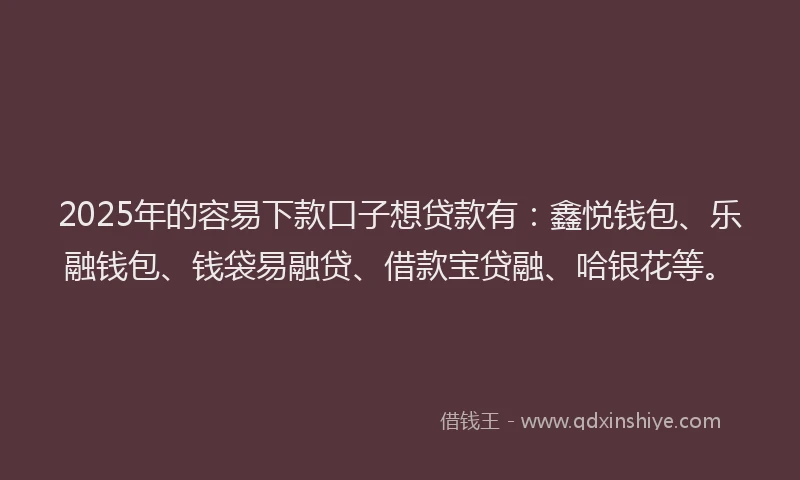 2025年的容易下款口子想贷款有：鑫悦钱包、乐融钱包、钱袋易融贷、借款宝贷融、哈银花等。