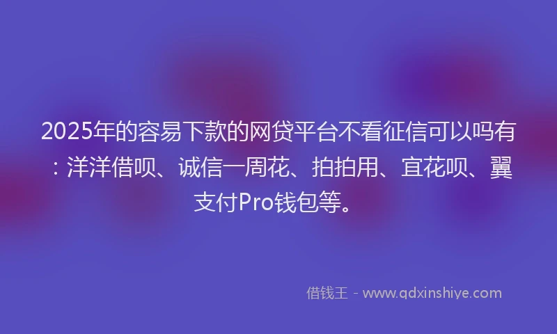 2025年的容易下款的网贷平台不看征信可以吗有：洋洋借呗、诚信一周花、拍拍用、宜花呗、翼支付Pro钱包等。