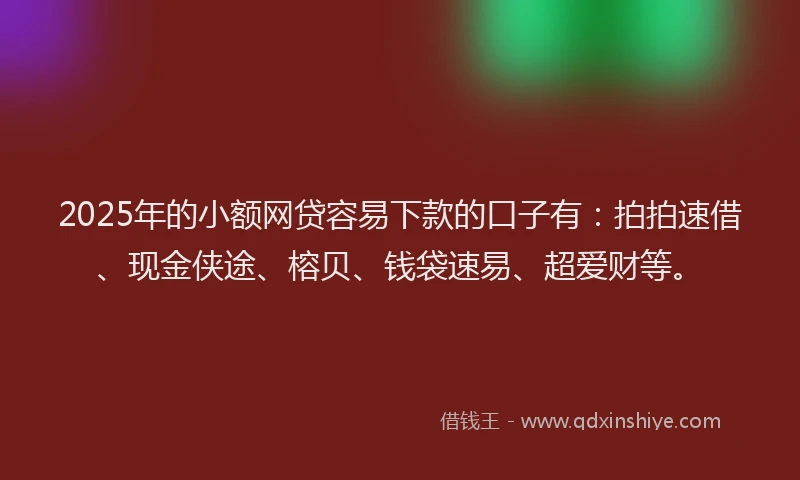 2025年的小额网贷容易下款的口子有：拍拍速借、现金侠途、榕贝、钱袋速易、超爱财等。