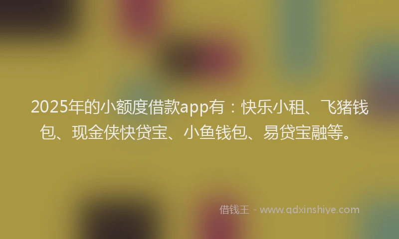 2025年的小额度借款app有：快乐小租、飞猪钱包、现金侠快贷宝、小鱼钱包、易贷宝融等。