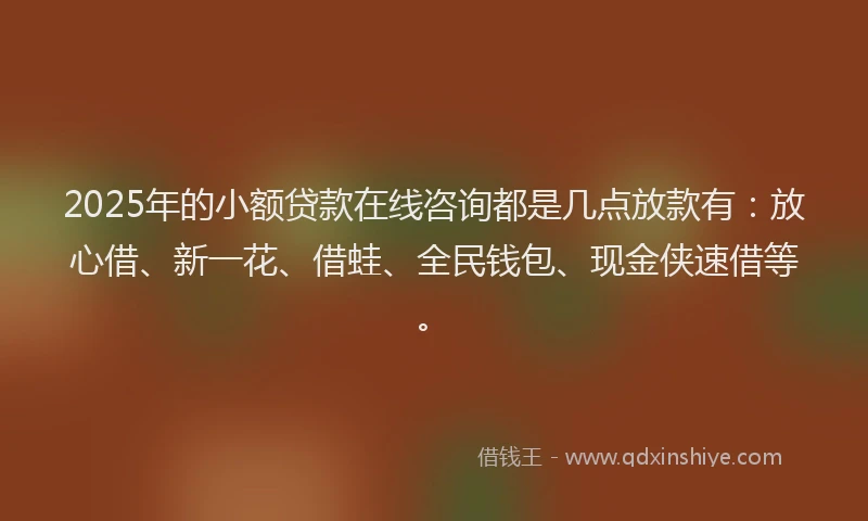 2025年的小额贷款在线咨询都是几点放款有：放心借、新一花、借蛙、全民钱包、现金侠速借等。