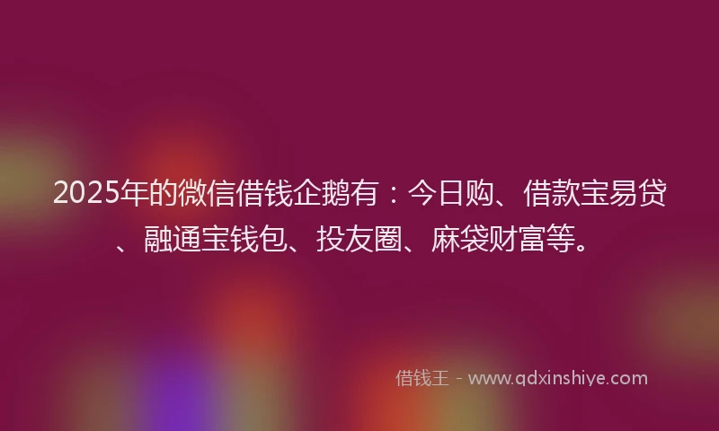 2025年的微信借钱企鹅有：今日购、借款宝易贷、融通宝钱包、投友圈、麻袋财富等。