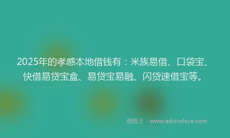 2025年的孝感本地借钱有:米族易借、口袋宝、快借易贷宝盒、易贷宝易融、闪贷速借宝等。