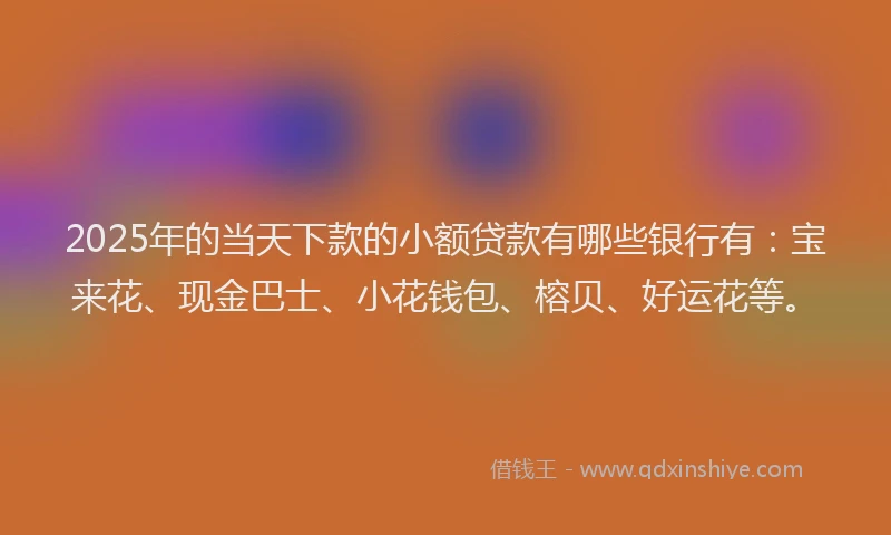 2025年的当天下款的小额贷款有哪些银行有：宝来花、现金巴士、小花钱包、榕贝、好运花等。