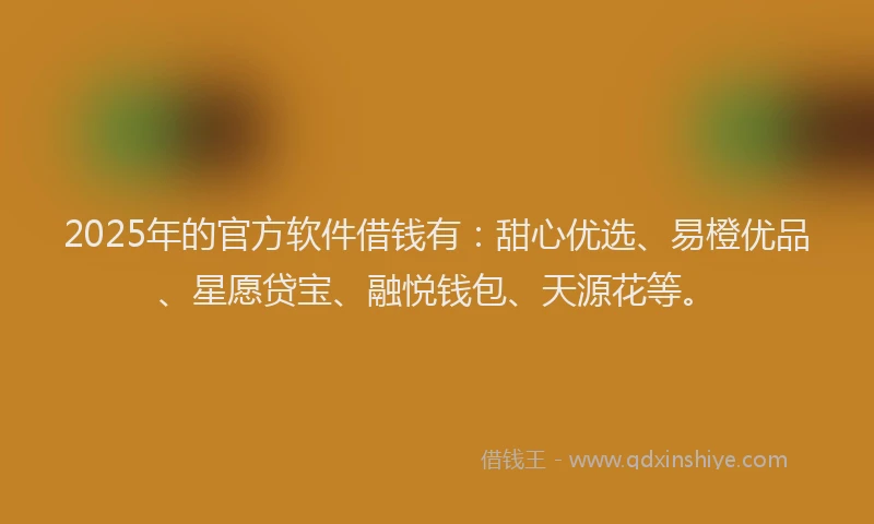 2025年的官方软件借钱有：甜心优选、易橙优品、星愿贷宝、融悦钱包、天源花等。